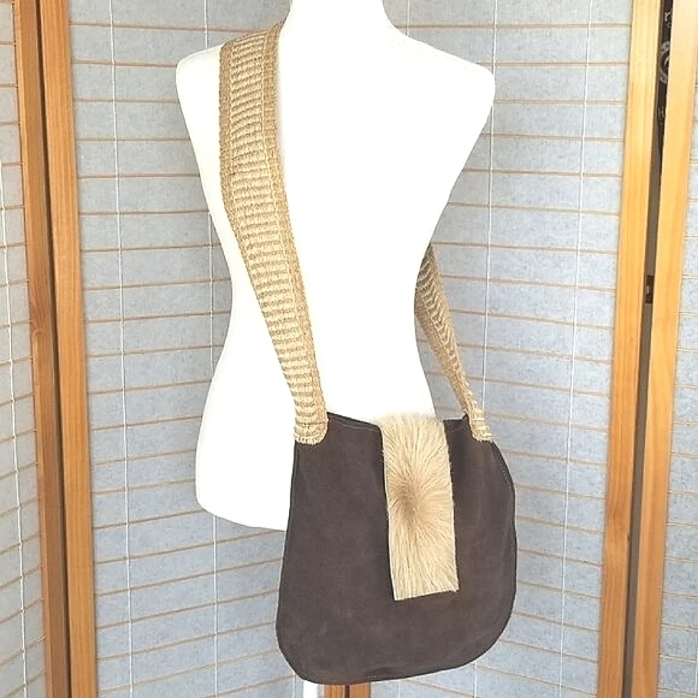 Brown Suede Satchel Bag Fur Flap Sisal Cross Body Strap Boho Slouchy Hobo